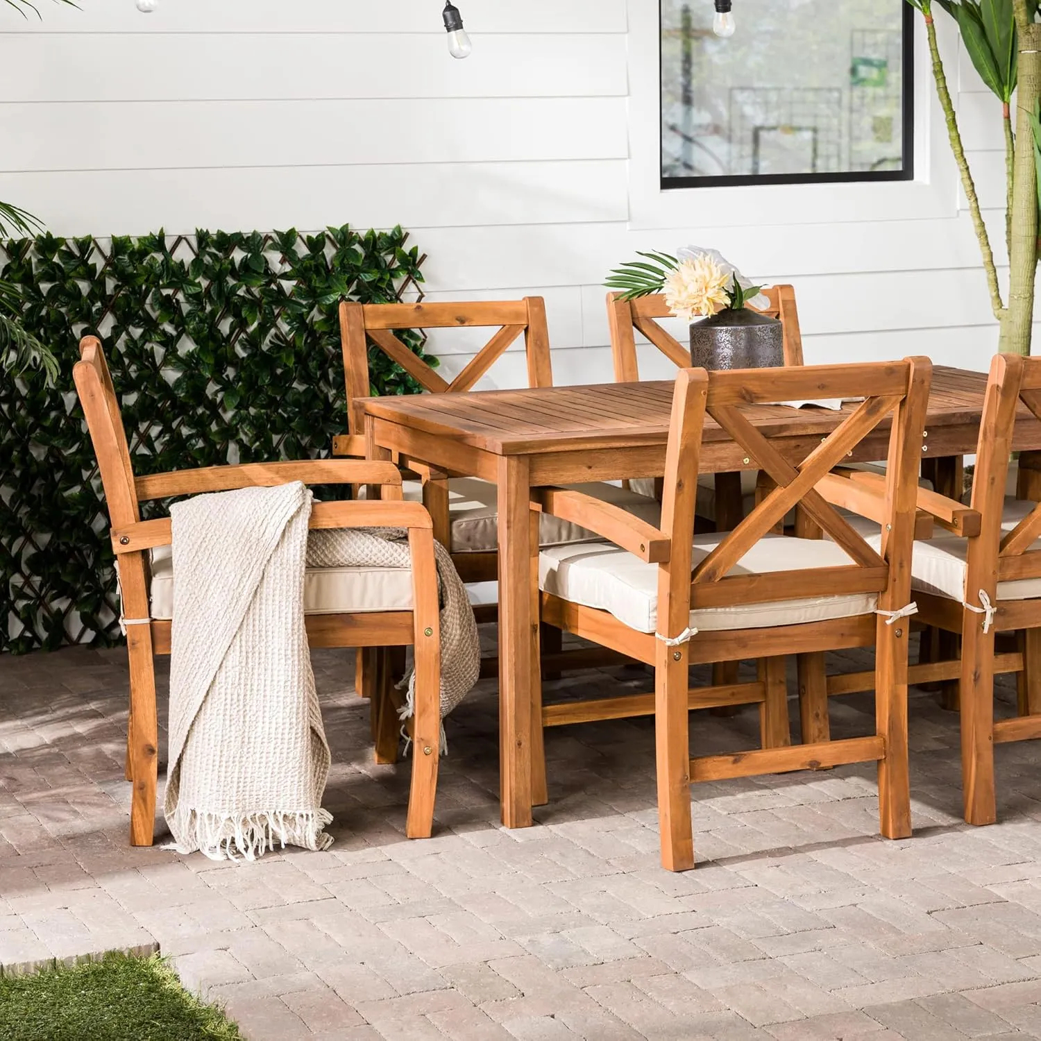 Walker Edison Delray Classic 7 Piece Acacia Wood Outdoor Dining Set with X Back Chairs, Set of 7, Brown
