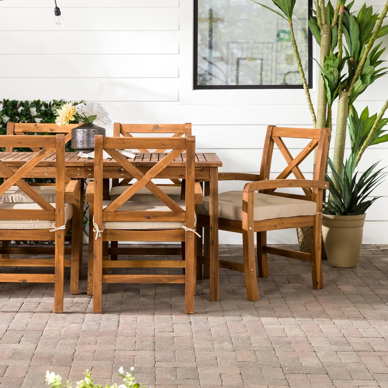 Walker Edison Delray Classic 7 Piece Acacia Wood Outdoor Dining Set with X Back Chairs, Set of 7, Brown