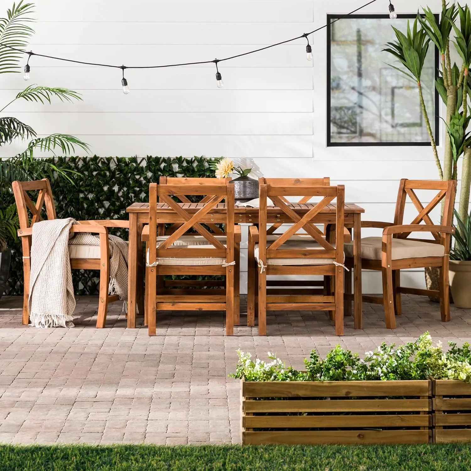 Walker Edison Delray Classic 7 Piece Acacia Wood Outdoor Dining Set with X Back Chairs, Set of 7, Brown