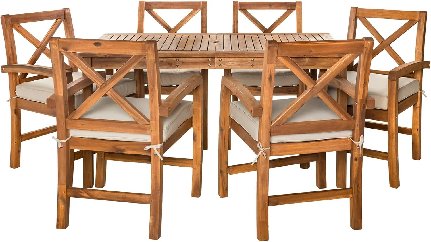 Walker Edison Delray Classic 7 Piece Acacia Wood Outdoor Dining Set with X Back Chairs, Set of 7, Brown
