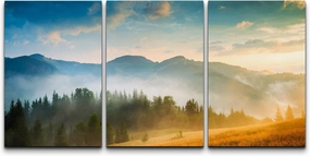 wall26 Canvas Print Wall Art Set Morning Mountain Forest with Fog & Hay Nature Wilderness Photography Realism Rustic Scenic Colorful Multicolor for Living Room, Bedroom, Office - 24"x36"x3 Panels