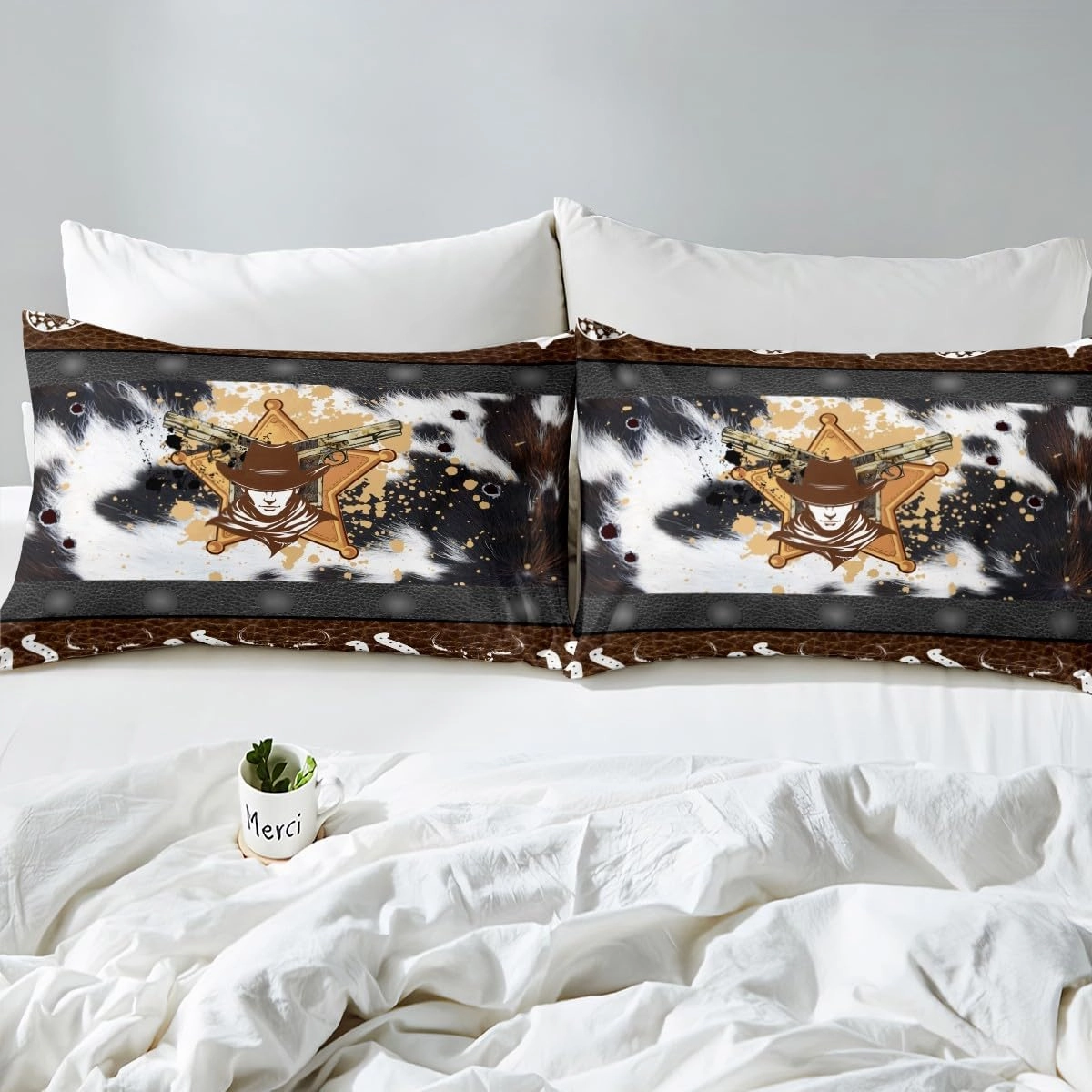 Western Fitted Sheet Full Size, Abstract Black White Brown Cowhide Print Bedding Set 3pcs, Cowboy Hats Horseshoes Bull Skull Bed Cover with 2 Pillowcases, Kids Boy Room Decor, No Top Sheet