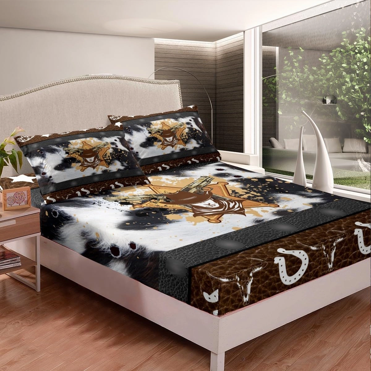 Western Fitted Sheet Full Size, Abstract Black White Brown Cowhide Print Bedding Set 3pcs, Cowboy Hats Horseshoes Bull Skull Bed Cover with 2 Pillowcases, Kids Boy Room Decor, No Top Sheet