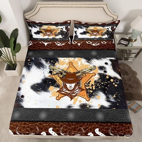 Western Fitted Sheet Full Size, Abstract Black White Brown Cowhide Print Bedding Set 3pcs, Cowboy Hats Horseshoes Bull Skull Bed Cover with 2 Pillowcases, Kids Boy Room Decor, No Top Sheet