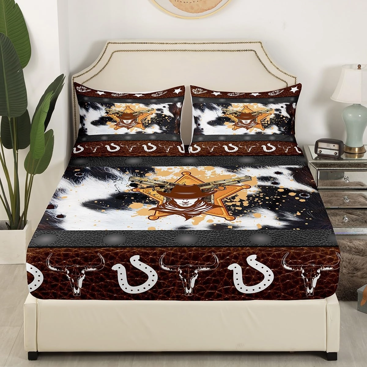 Western Fitted Sheet Full Size, Abstract Black White Brown Cowhide Print Bedding Set 3pcs, Cowboy Hats Horseshoes Bull Skull Bed Cover with 2 Pillowcases, Kids Boy Room Decor, No Top Sheet