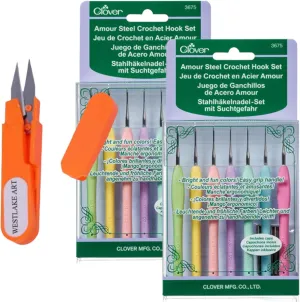 westlake art Amour Steel Crochet Hooks Set, Bundle with Embroidery Scissors - Ergonomic Heart-Shaped Handles, Color-Coded, Nickel-Plated, 7 Sizes, for Crafting, in Decorative Tin - [Pack of 2]