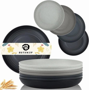 Wheat Straw Dinner Plates, Set of 8, Lightweight & Unbreakable, Microwave/Dishwasher Safe, Kids Plates (Black, Grey)