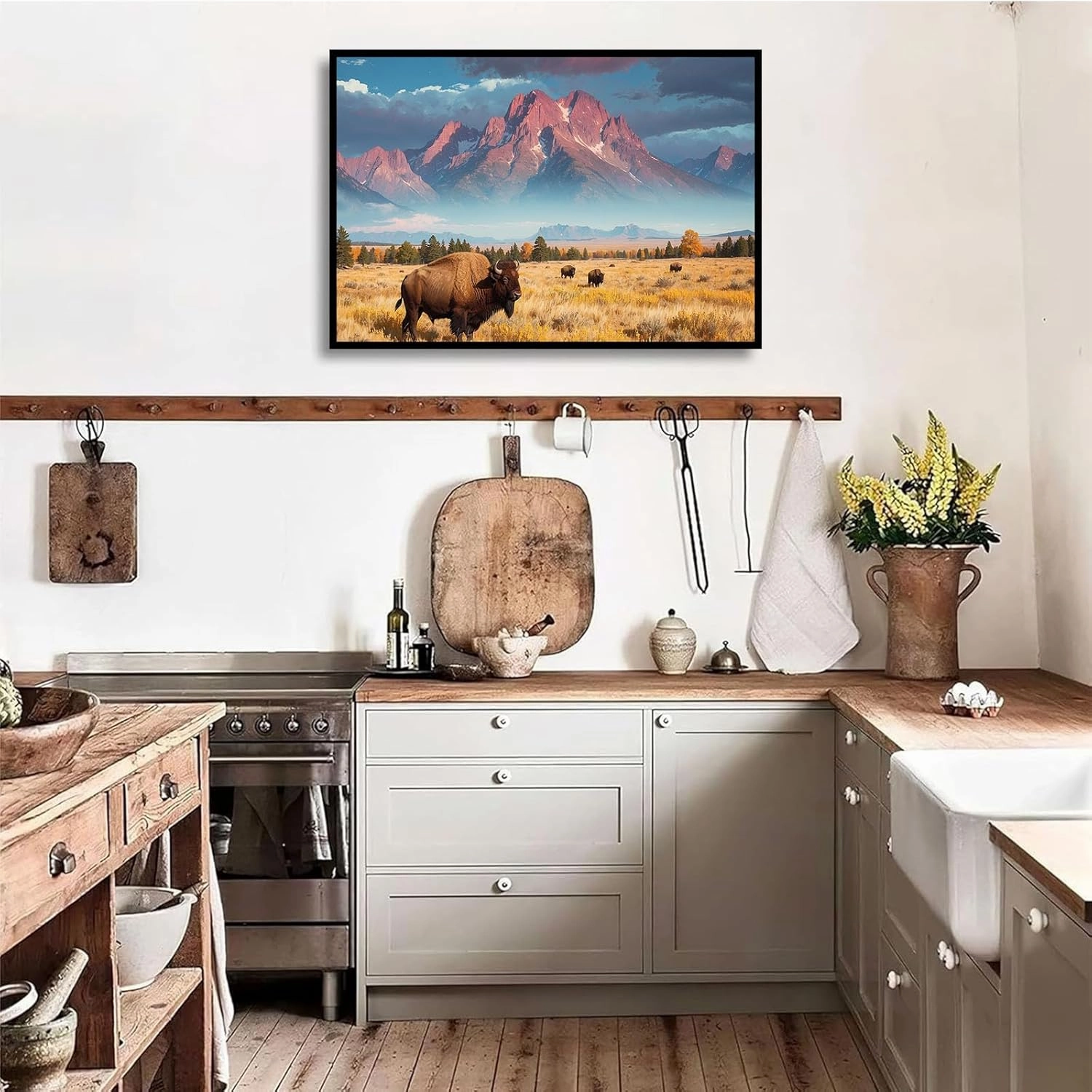 Wild Bison Herd Canvas Print Poster Grazing Autumn Meadow Crimson Mountain Range Dramatic Cloudy Sky Natural Landscape Photography Rustic Wilderness Wall Art Decor Western Prairie Theme