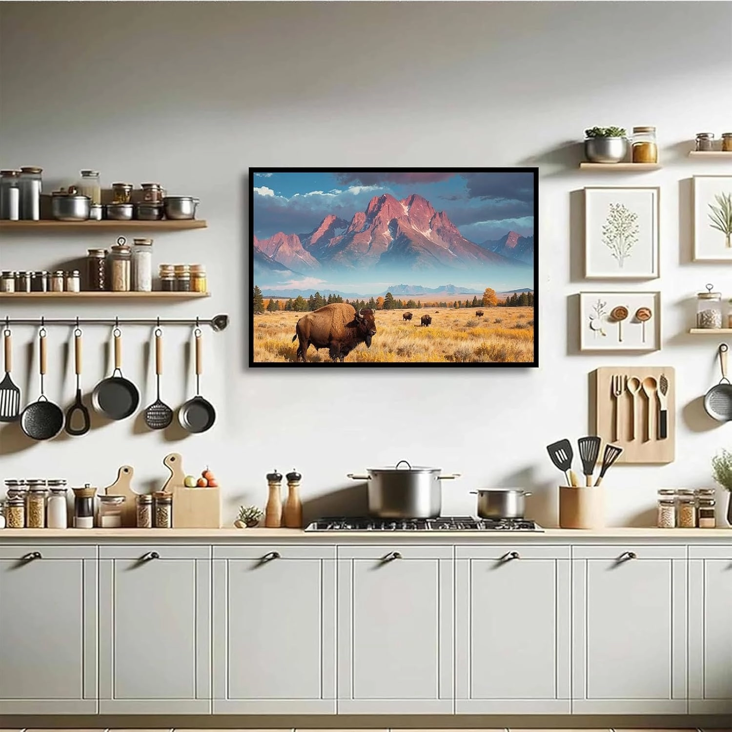 Wild Bison Herd Canvas Print Poster Grazing Autumn Meadow Crimson Mountain Range Dramatic Cloudy Sky Natural Landscape Photography Rustic Wilderness Wall Art Decor Western Prairie Theme