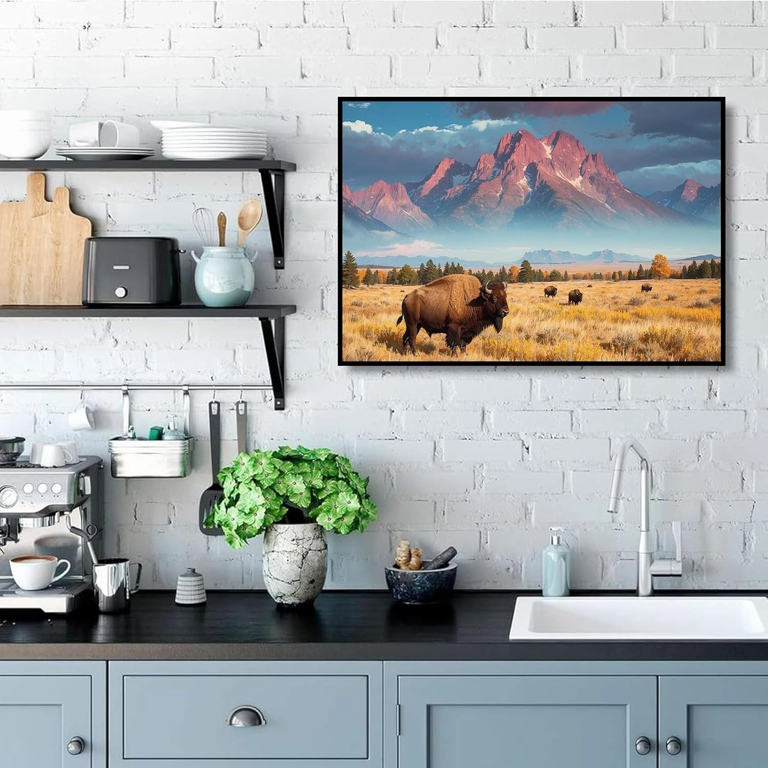 Wild Bison Herd Canvas Print Poster Grazing Autumn Meadow Crimson Mountain Range Dramatic Cloudy Sky Natural Landscape Photography Rustic Wilderness Wall Art Decor Western Prairie Theme