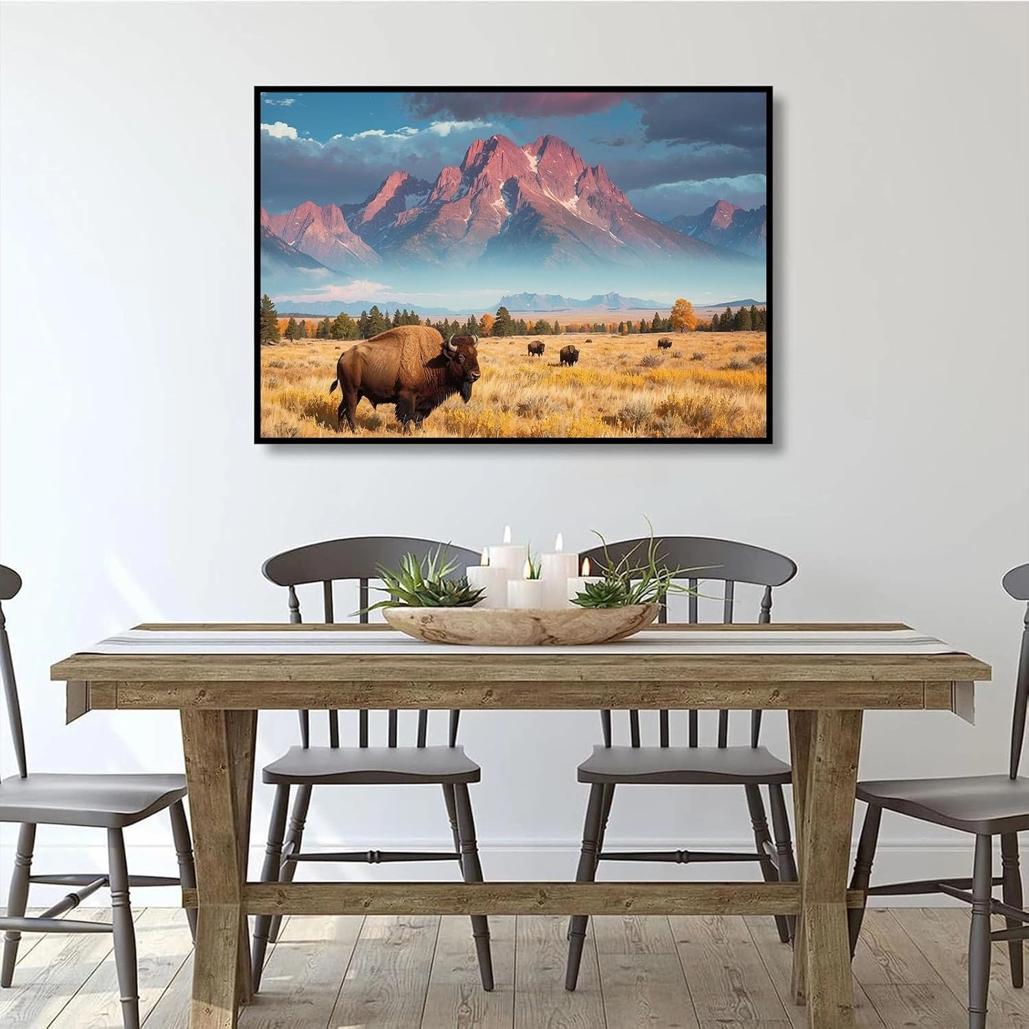 Wild Bison Herd Canvas Print Poster Grazing Autumn Meadow Crimson Mountain Range Dramatic Cloudy Sky Natural Landscape Photography Rustic Wilderness Wall Art Decor Western Prairie Theme