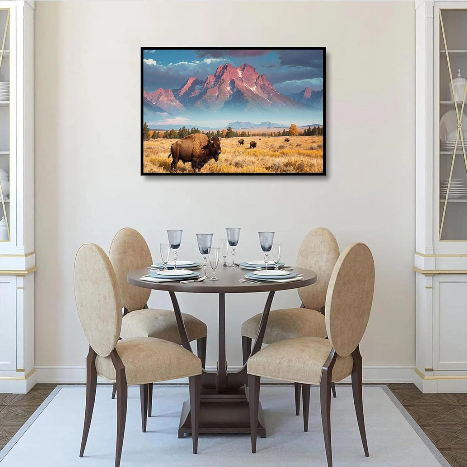 Wild Bison Herd Canvas Print Poster Grazing Autumn Meadow Crimson Mountain Range Dramatic Cloudy Sky Natural Landscape Photography Rustic Wilderness Wall Art Decor Western Prairie Theme