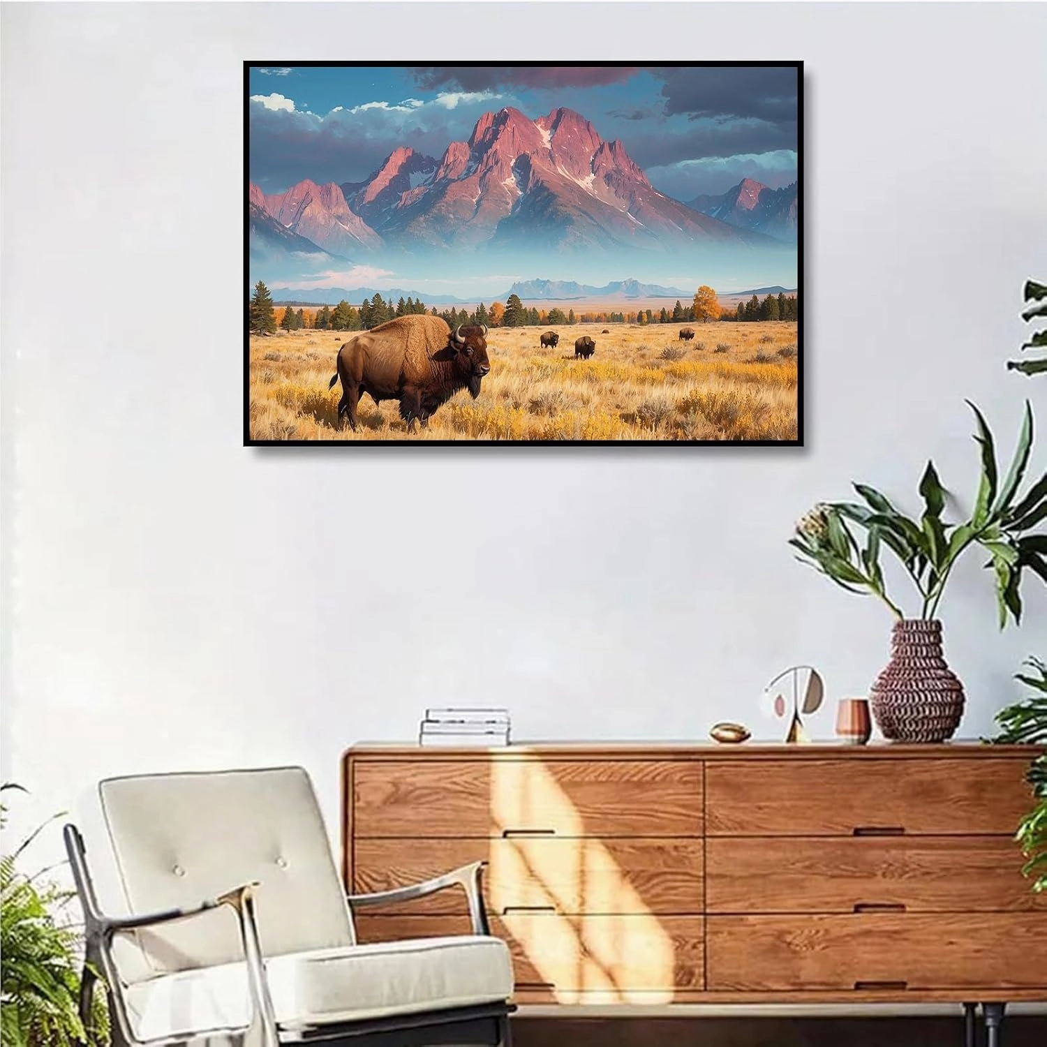 Wild Bison Herd Canvas Print Poster Grazing Autumn Meadow Crimson Mountain Range Dramatic Cloudy Sky Natural Landscape Photography Rustic Wilderness Wall Art Decor Western Prairie Theme