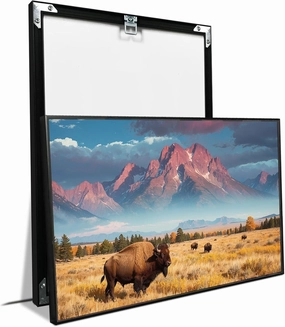 Wild Bison Herd Canvas Print Poster Grazing Autumn Meadow Crimson Mountain Range Dramatic Cloudy Sky Natural Landscape Photography Rustic Wilderness Wall Art Decor Western Prairie Theme