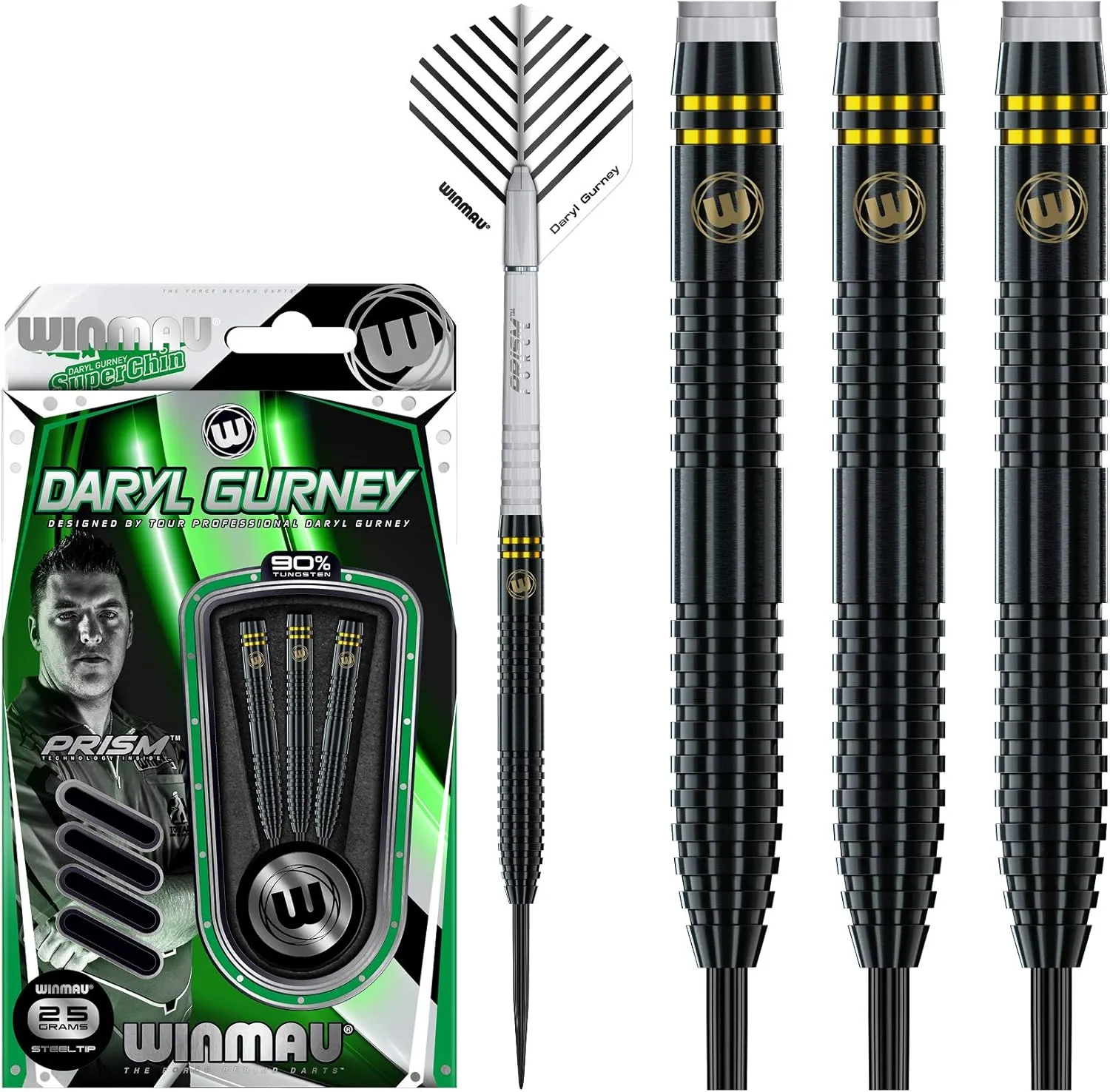 Winmau Daryl Gurney Black Special Edition Tungsten Steeltip Darts Set 25g with Player Flights and Prism Shafts (Stems)