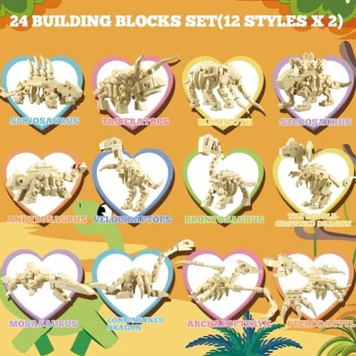 WODMAZ 24 Packs Dinosaur Building Blocks for Easter Basket Stuffers, Easter Egg Hunt, Valentines Party Favors, Valentines Easter Gifts for Kids Boys Girls