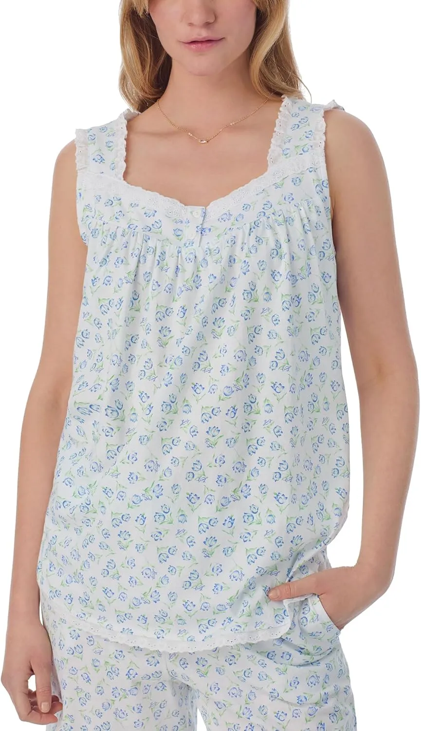 Women's 100% Cotton Tulip Knit Shortie Pajama Set, Short Sleeve Top with Pintuck Neckline & Button Front