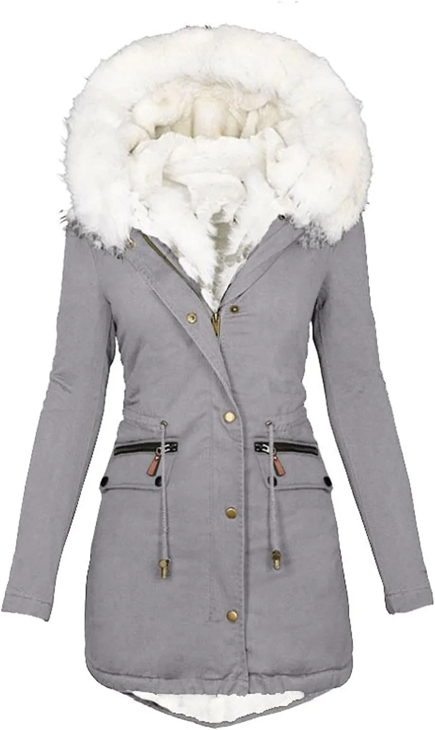 Womens Warm Winter Coats Thicken Faux Wool Lined Jacket Puffer Parka Hooded Jacket Mid Length Padded Down Snow Coats