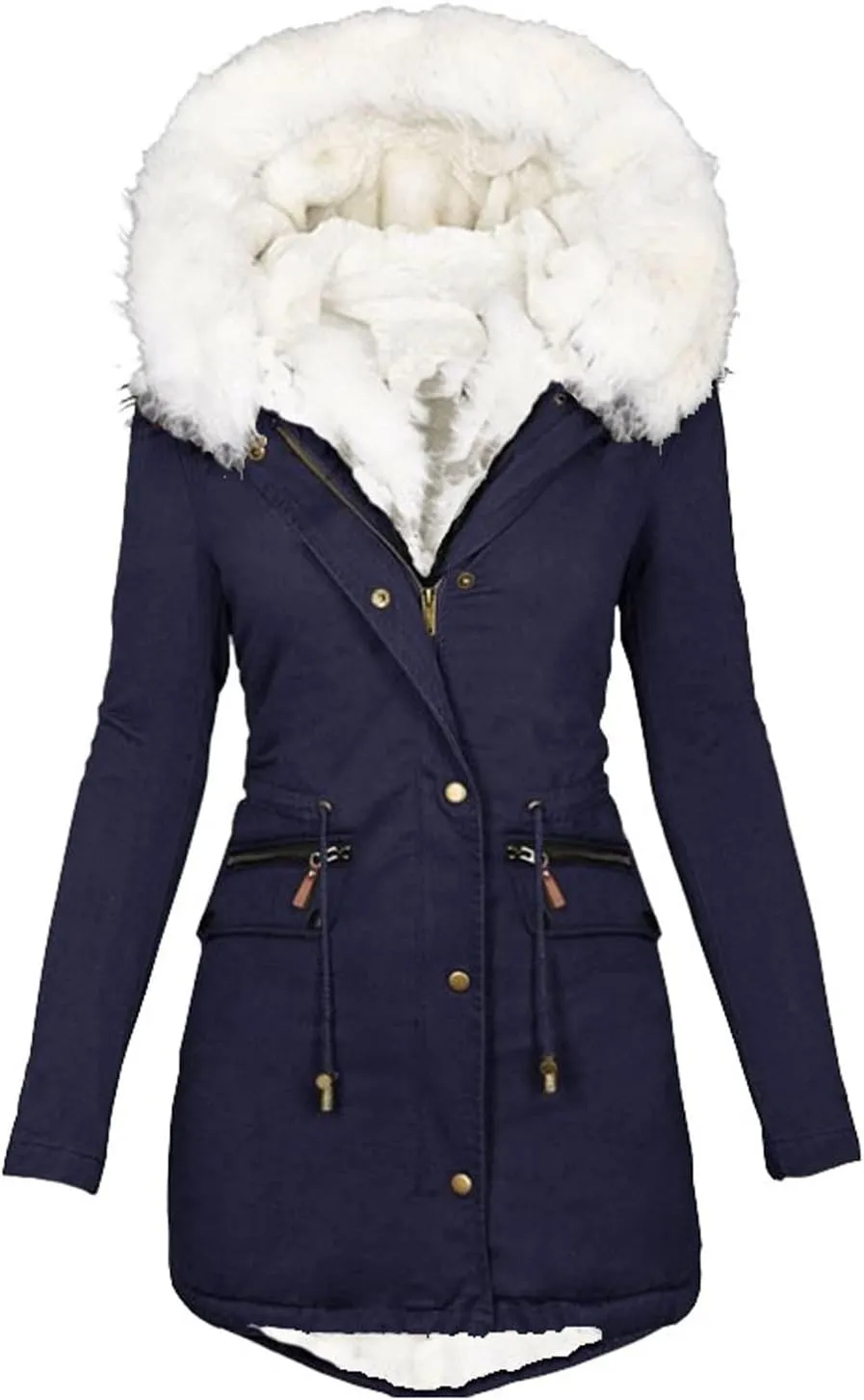 Womens Warm Winter Coats Thicken Faux Wool Lined Jacket Puffer Parka Hooded Jacket Mid Length Padded Down Snow Coats