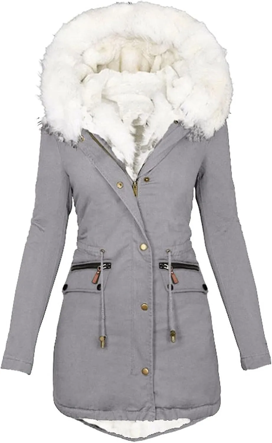 Womens Warm Winter Coats Thicken Faux Wool Lined Jacket Puffer Parka Hooded Jacket Mid Length Padded Down Snow Coats