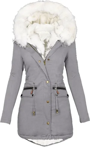 Womens Warm Winter Coats Thicken Faux Wool Lined Jacket Puffer Parka Hooded Jacket Mid Length Padded Down Snow Coats