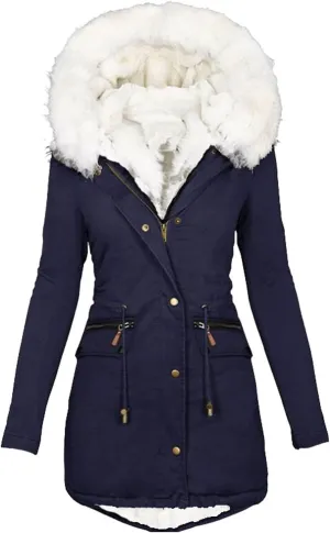 Womens Warm Winter Coats Thicken Faux Wool Lined Jacket Puffer Parka Hooded Jacket Mid Length Padded Down Snow Coats