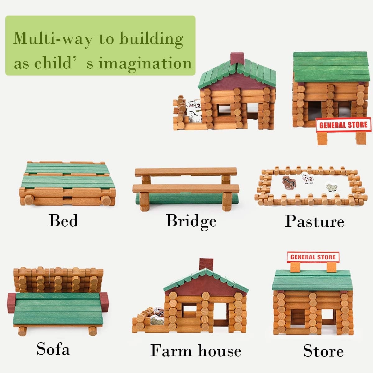 Wondertoys 170 Pieces Wood Logs Set Ages 3 , Classic Building Log Toys for Boy, Creative Construction Engineering Educational Gifts