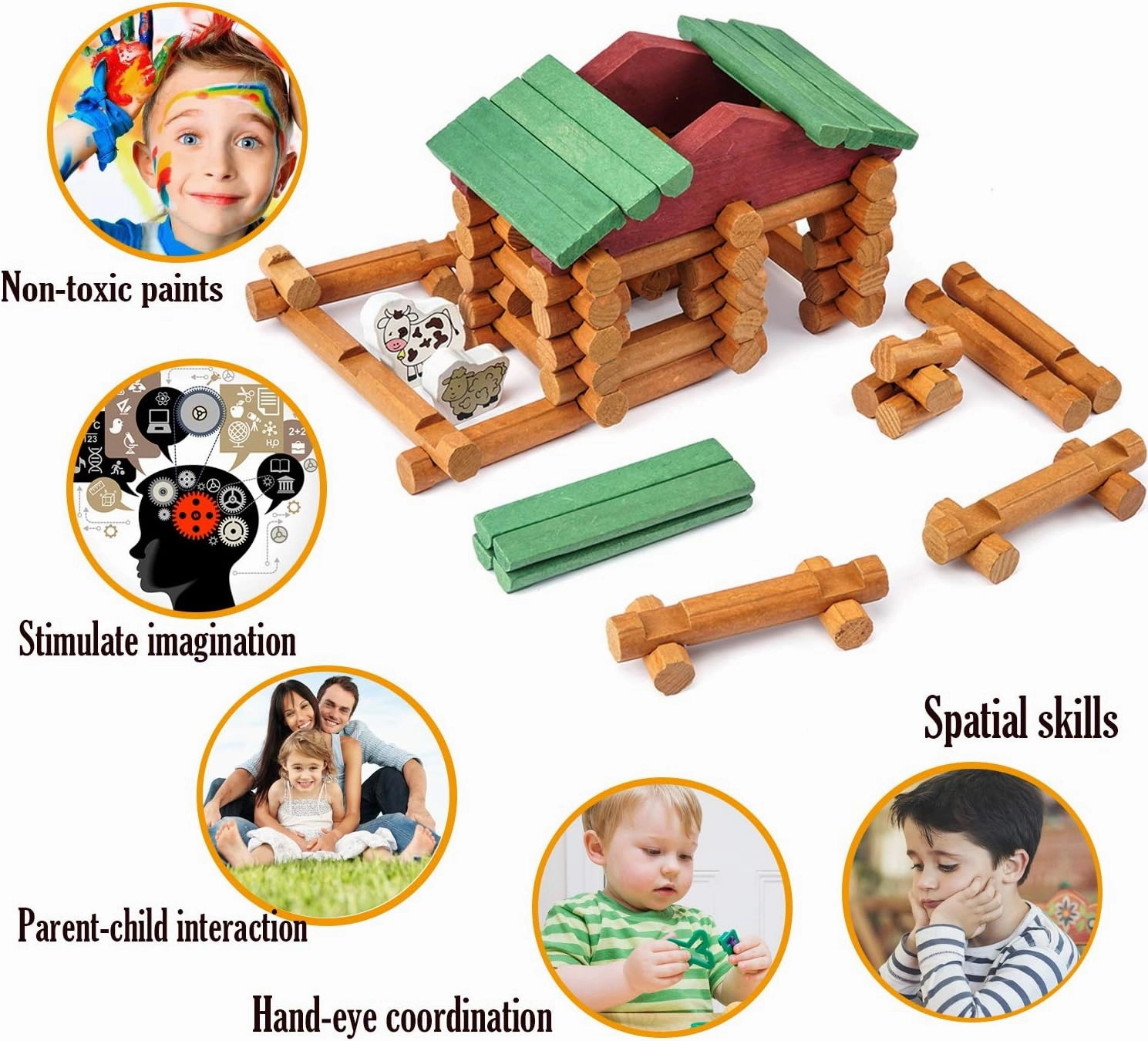 Wondertoys 170 Pieces Wood Logs Set Ages 3 , Classic Building Log Toys for Boy, Creative Construction Engineering Educational Gifts