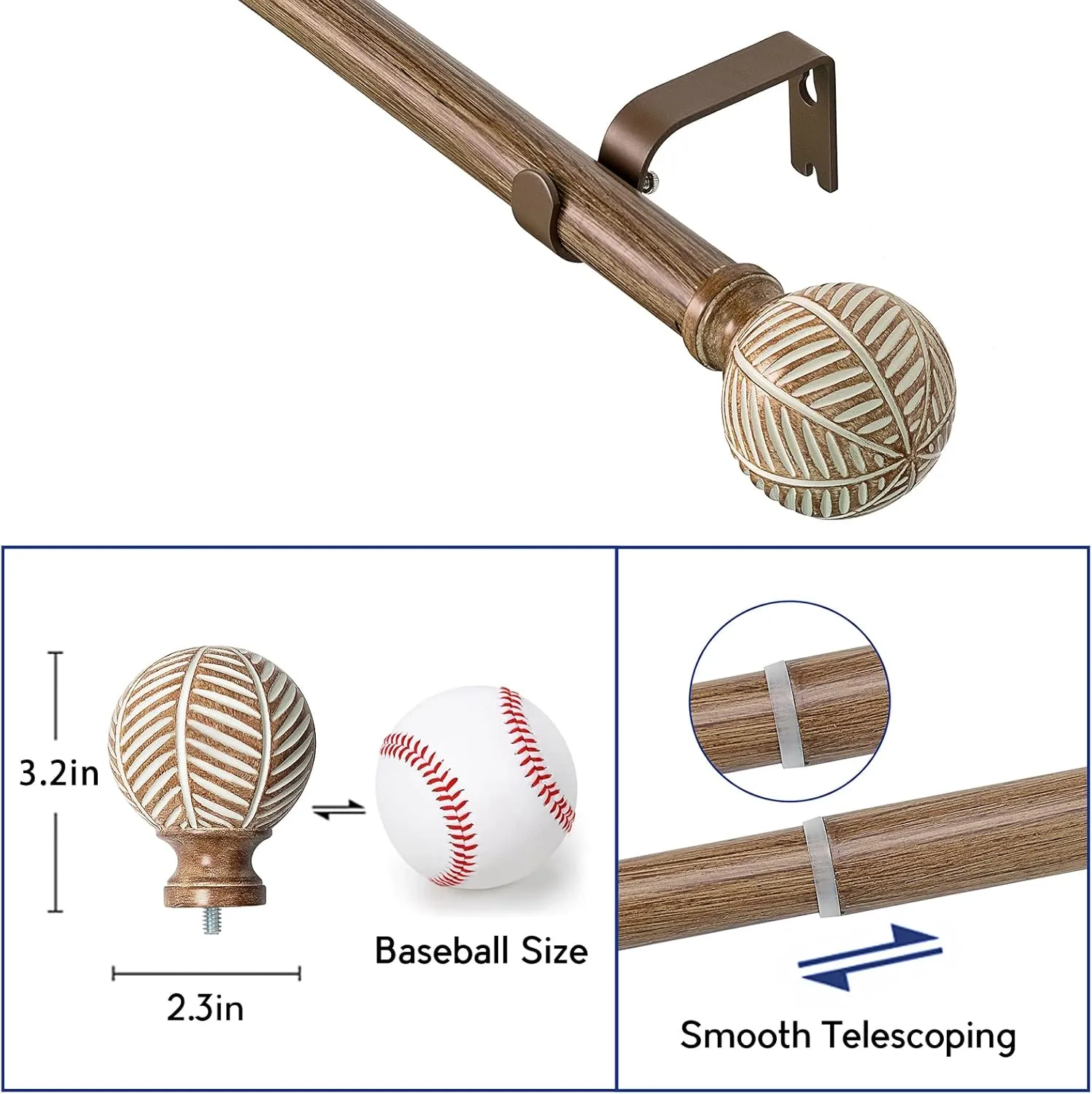 Wood Curtain Rods for Windows: 1 Inch Diameter Adjustable Drapery Rods 48" to 86", 2 Pack Heavy Duty Window Rod with Imitation Wood Grain Leaf Pattern Finials