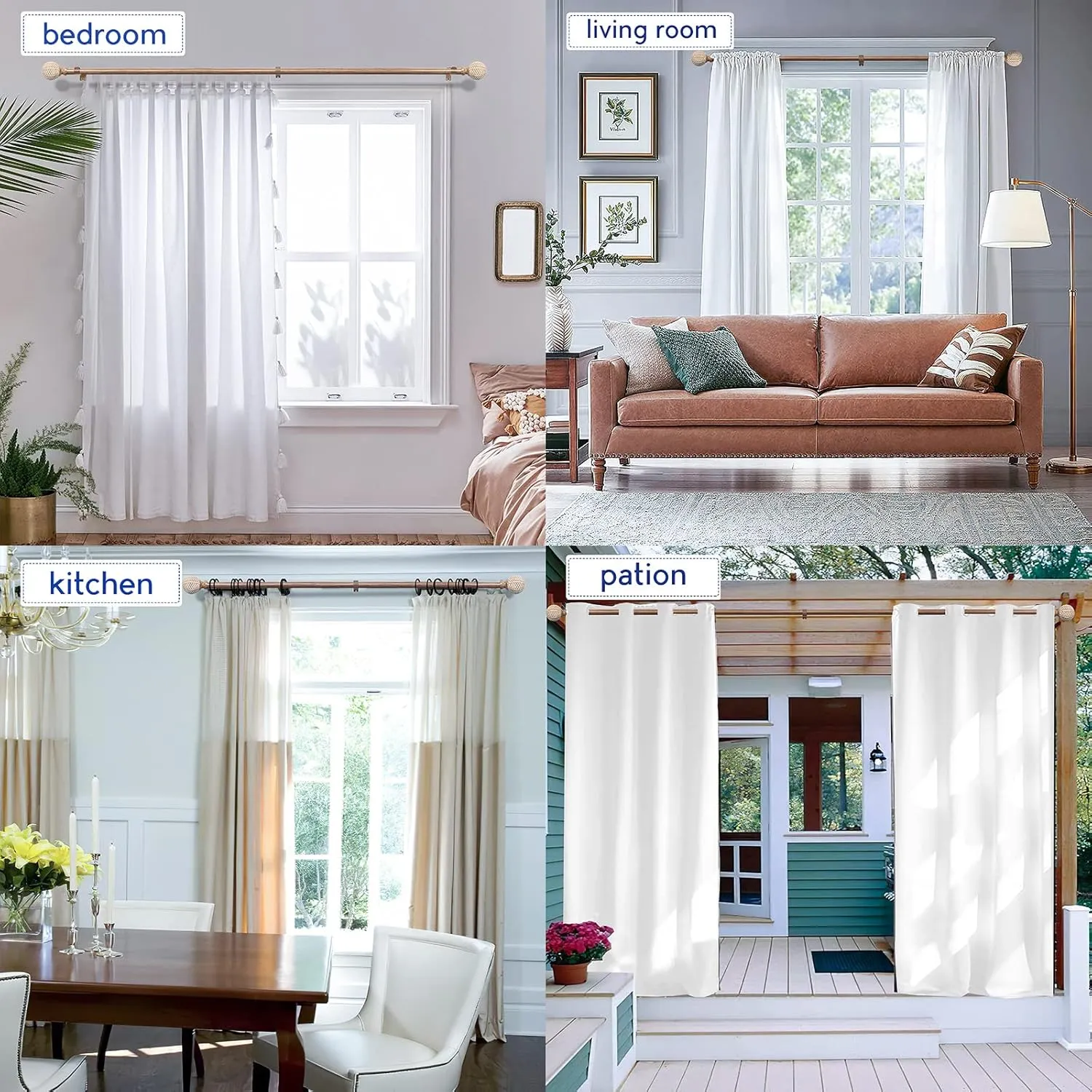 Wood Curtain Rods for Windows: 1 Inch Diameter Adjustable Drapery Rods 48" to 86", 2 Pack Heavy Duty Window Rod with Imitation Wood Grain Leaf Pattern Finials