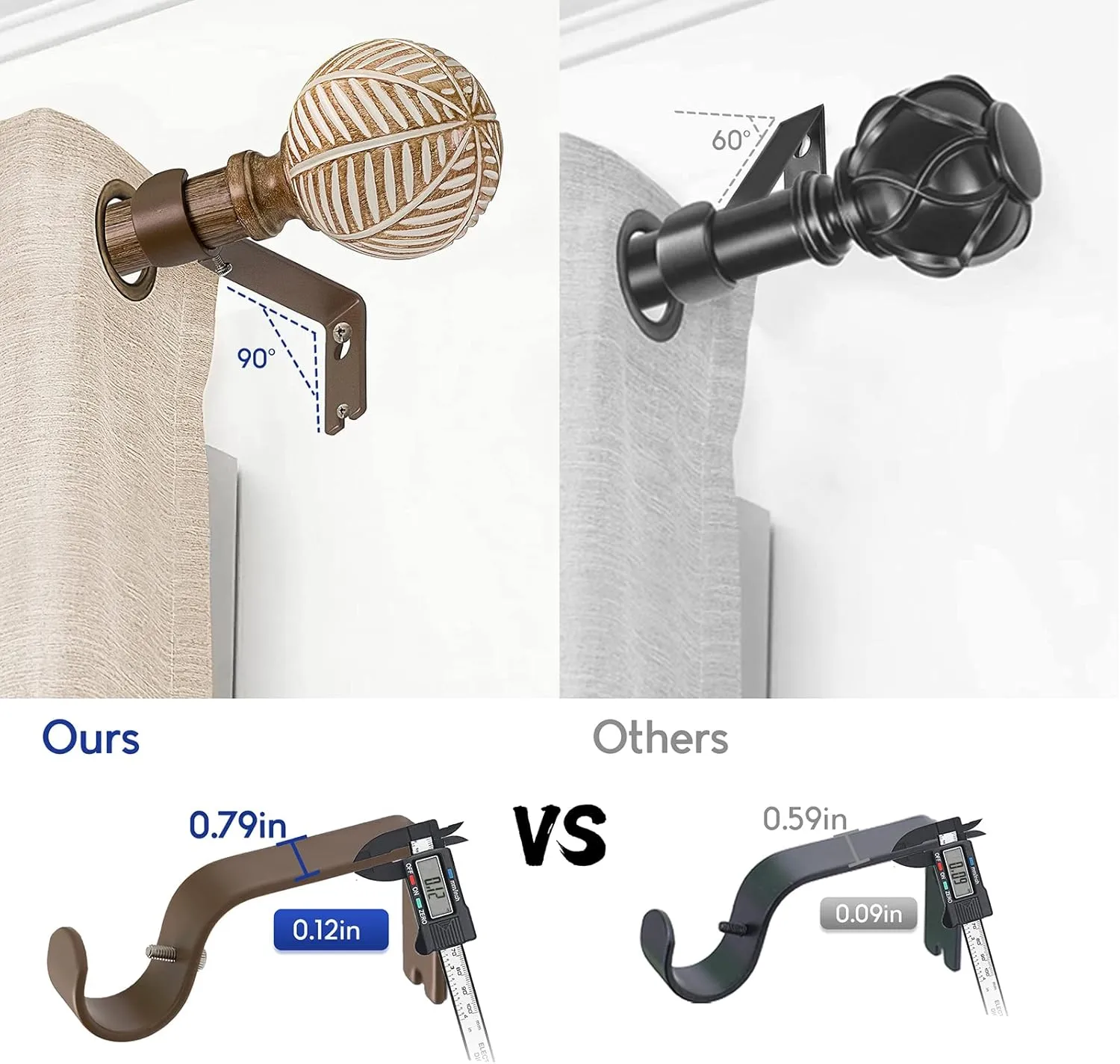 Wood Curtain Rods for Windows: 1 Inch Diameter Adjustable Drapery Rods 48" to 86", 2 Pack Heavy Duty Window Rod with Imitation Wood Grain Leaf Pattern Finials