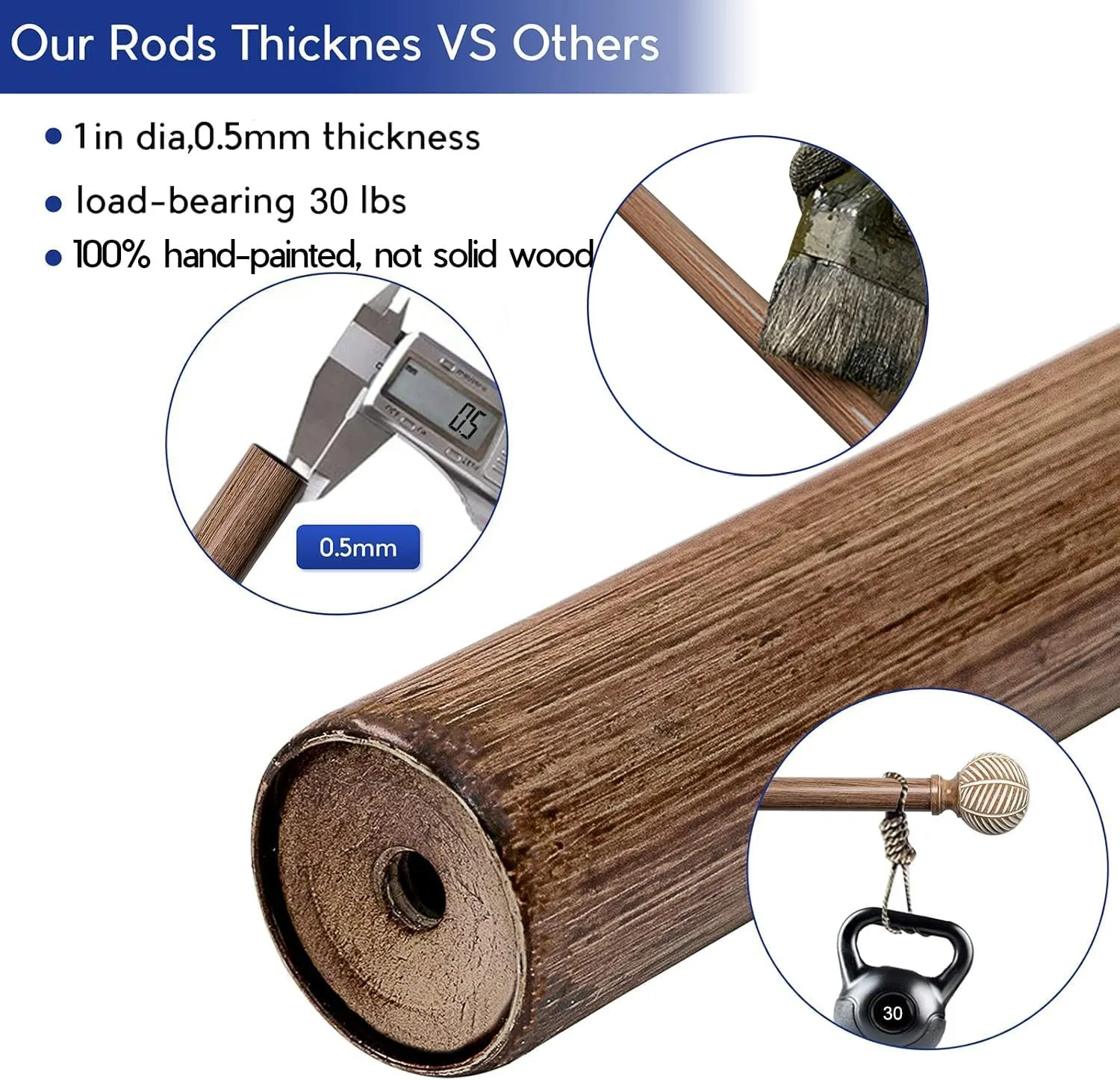 Wood Curtain Rods for Windows: 1 Inch Diameter Adjustable Drapery Rods 48" to 86", 2 Pack Heavy Duty Window Rod with Imitation Wood Grain Leaf Pattern Finials