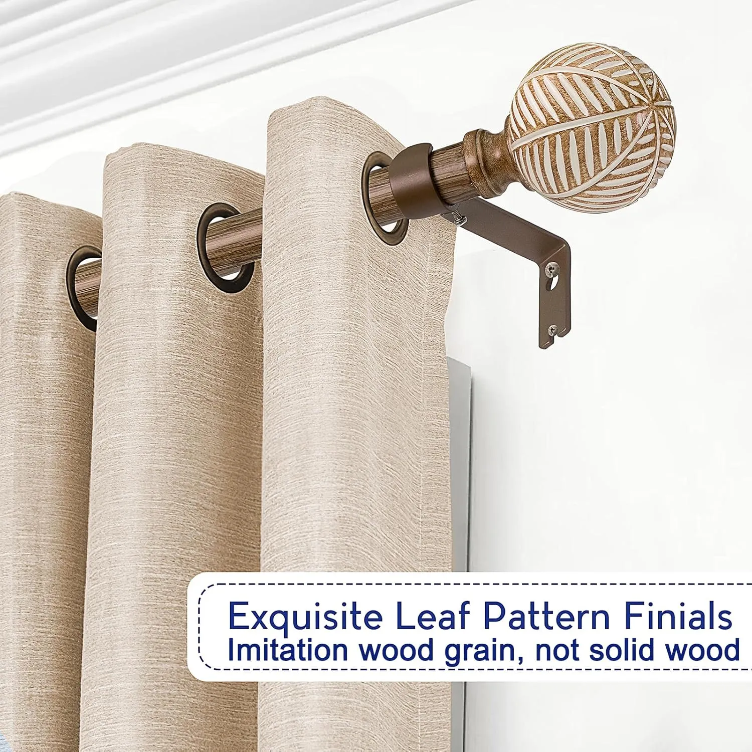 Wood Curtain Rods for Windows: 1 Inch Diameter Adjustable Drapery Rods 48" to 86", 2 Pack Heavy Duty Window Rod with Imitation Wood Grain Leaf Pattern Finials