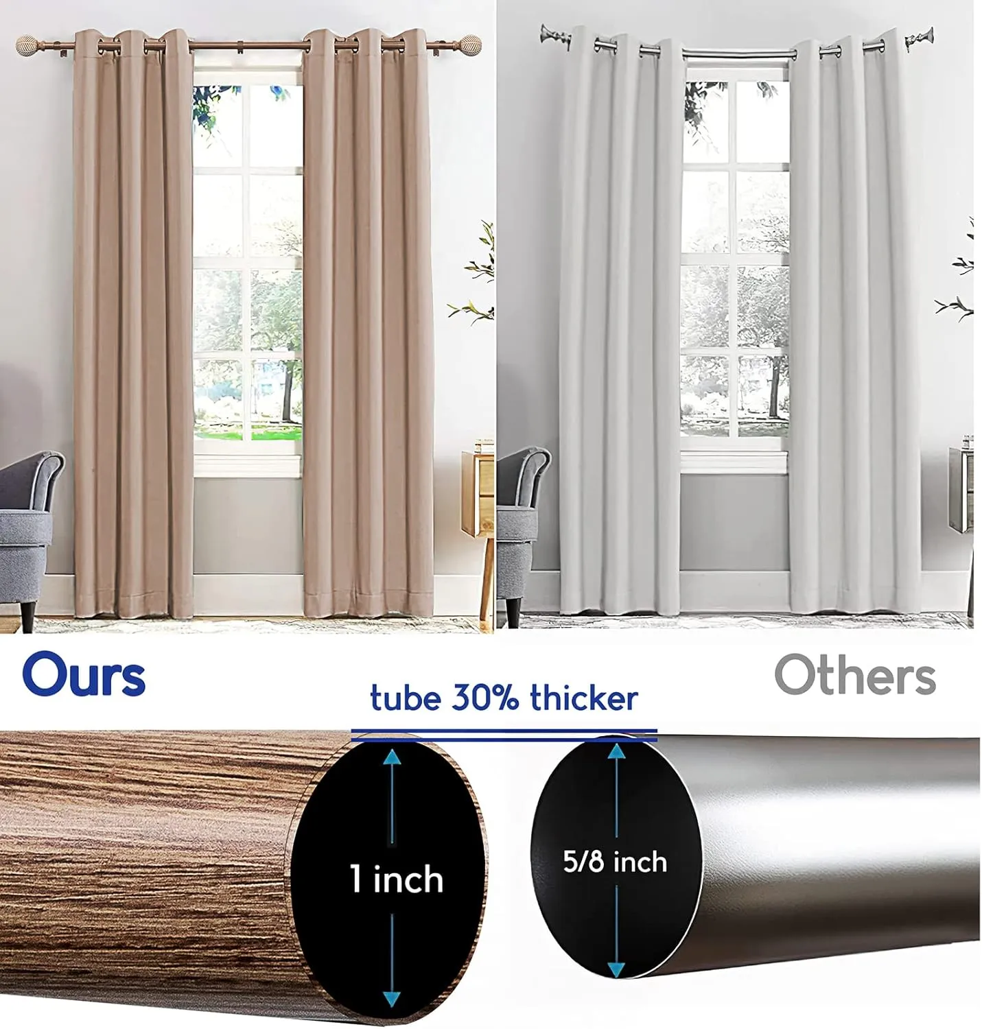 Wood Curtain Rods for Windows: 1 Inch Diameter Adjustable Drapery Rods 48" to 86", 2 Pack Heavy Duty Window Rod with Imitation Wood Grain Leaf Pattern Finials