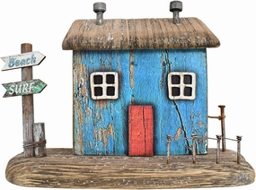Wood Miniature Nautical Table Sculptures Home Decor, Small Wooden House Figurine Garden Ornament Summer Mini House Statue with Beach Surf Sign