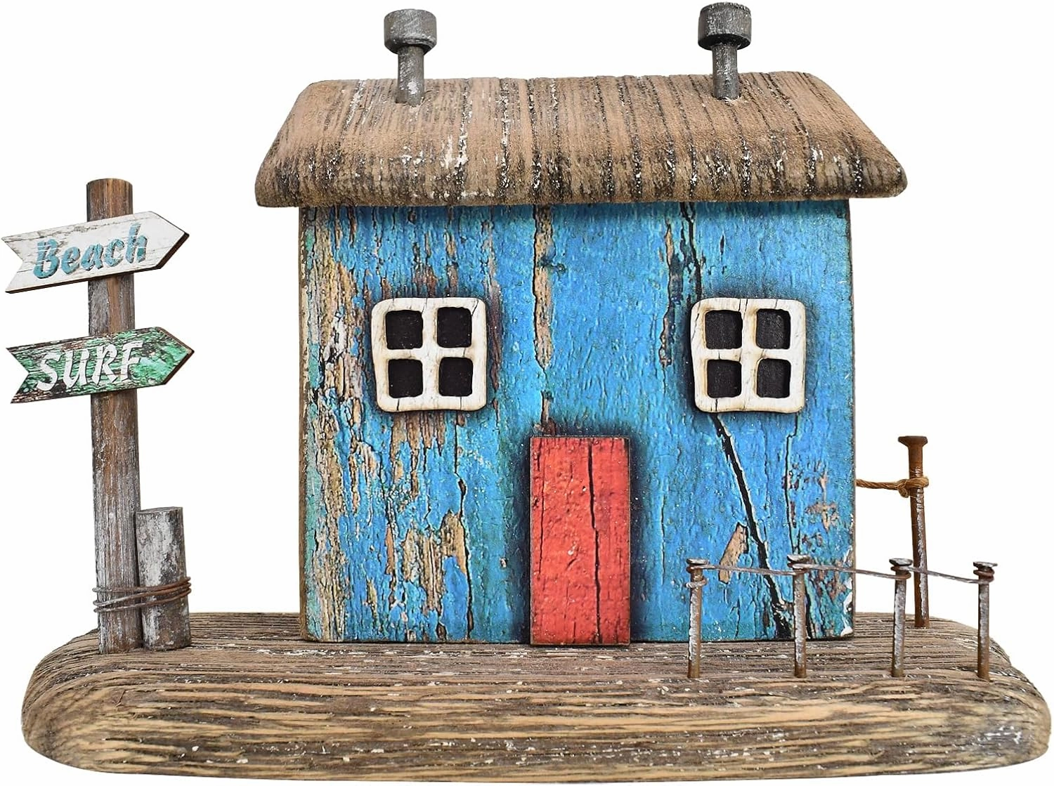 Wood Miniature Nautical Table Sculptures Home Decor, Small Wooden House Figurine Garden Ornament Summer Mini House Statue with Beach Surf Sign