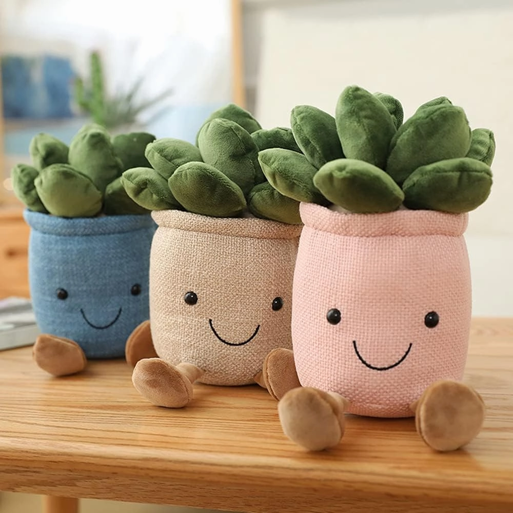 WUZHOU Tulip Plush Toy, 13.7" Flower Pot Stuffed Plushie Pillow Decoration, Soft Fluffy Toy Succulent Plants Friend Throw Pillow, Multicolor (Khaki-Succulent)