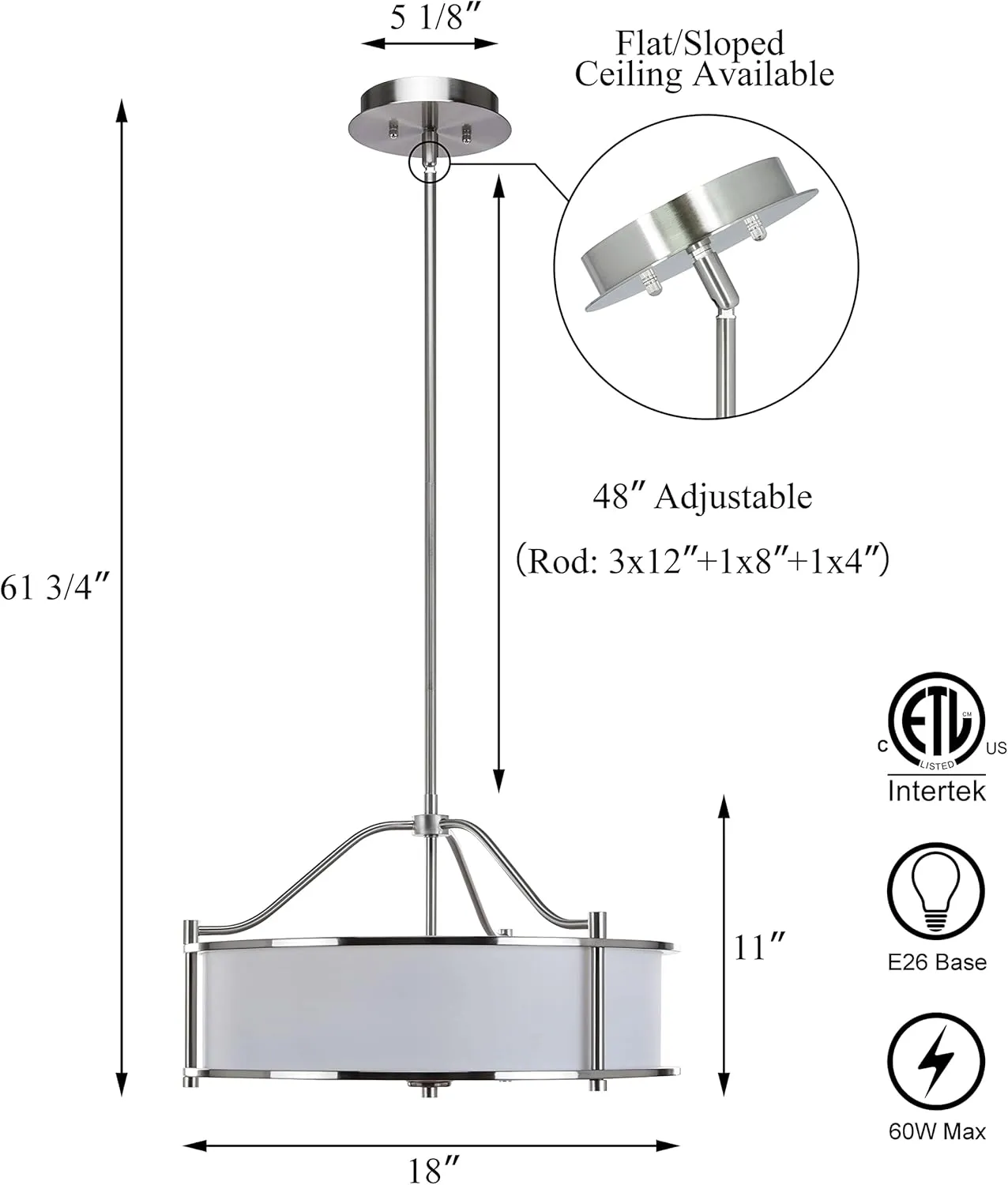 XiNBEi Lighting Pendant Lighting 18 inch 3 Light Drum Pendant Light with Fabric Shade and Glass Diffuser in Brushed Nickel, Classic Convertible Drum Chandelier for Living & Dinning Room XB-P1199-BN