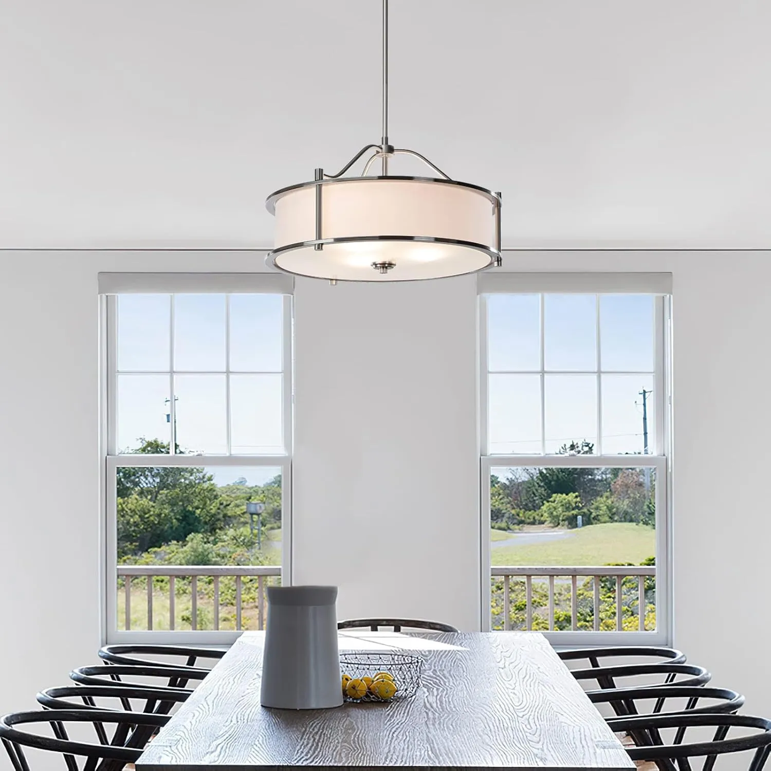 XiNBEi Lighting Pendant Lighting 18 inch 3 Light Drum Pendant Light with Fabric Shade and Glass Diffuser in Brushed Nickel, Classic Convertible Drum Chandelier for Living & Dinning Room XB-P1199-BN