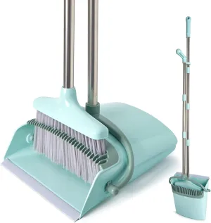 XXXFLOWER Broom and Dustpan Set for Home, Cleaning Teeth Combo Set with 55" Long Handle, Indoor Sweep Tool for Office, Kitchen, Lobby Floor, Bluish Green