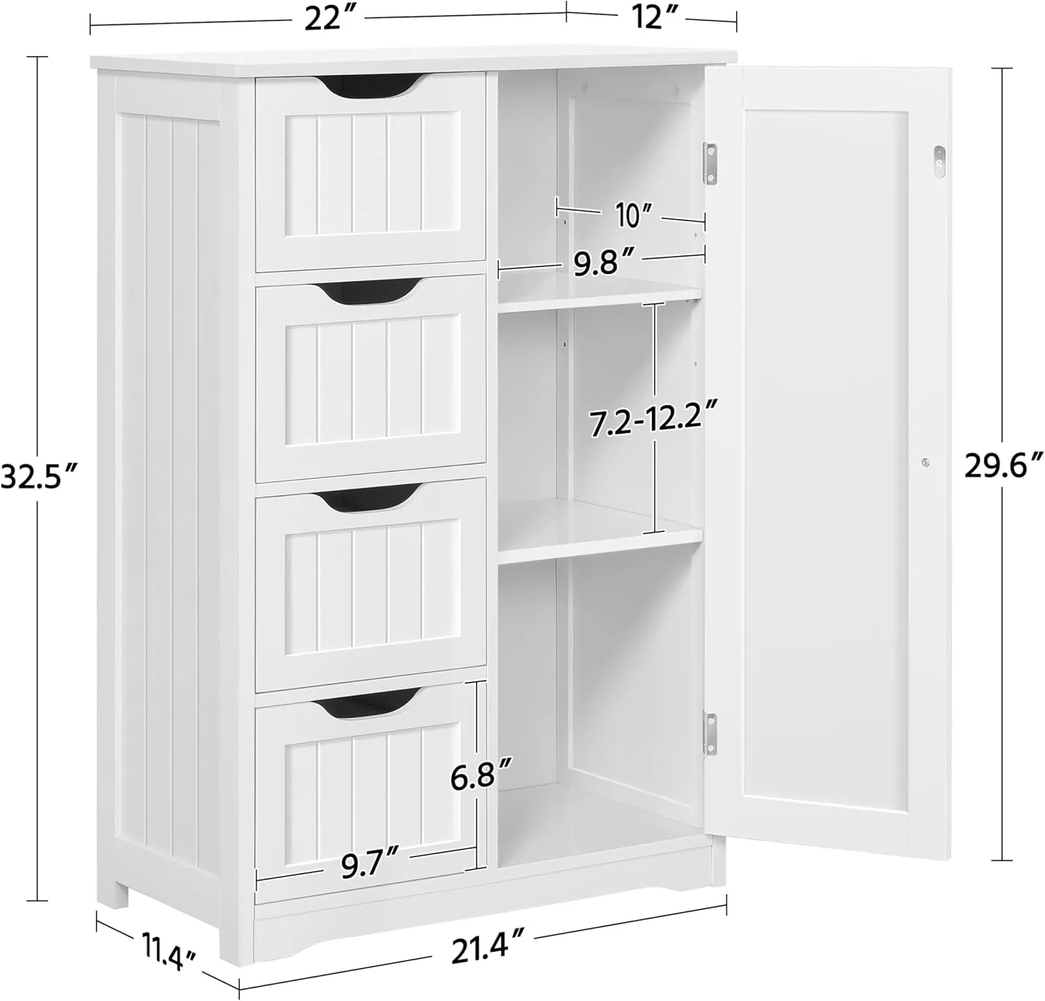 Yaheetech Wooden Floor Cabinet, Side Storage Organizer with 4 Drawers and 1 Cupboard, Freestanding Entryway Storage Unit Console Table, Bathroom Furniture Home Decor, White