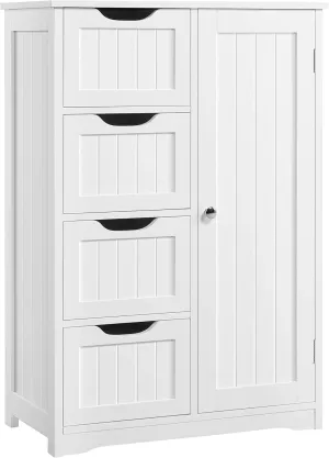 Yaheetech Wooden Floor Cabinet, Side Storage Organizer with 4 Drawers and 1 Cupboard, Freestanding Entryway Storage Unit Console Table, Bathroom Furniture Home Decor, White