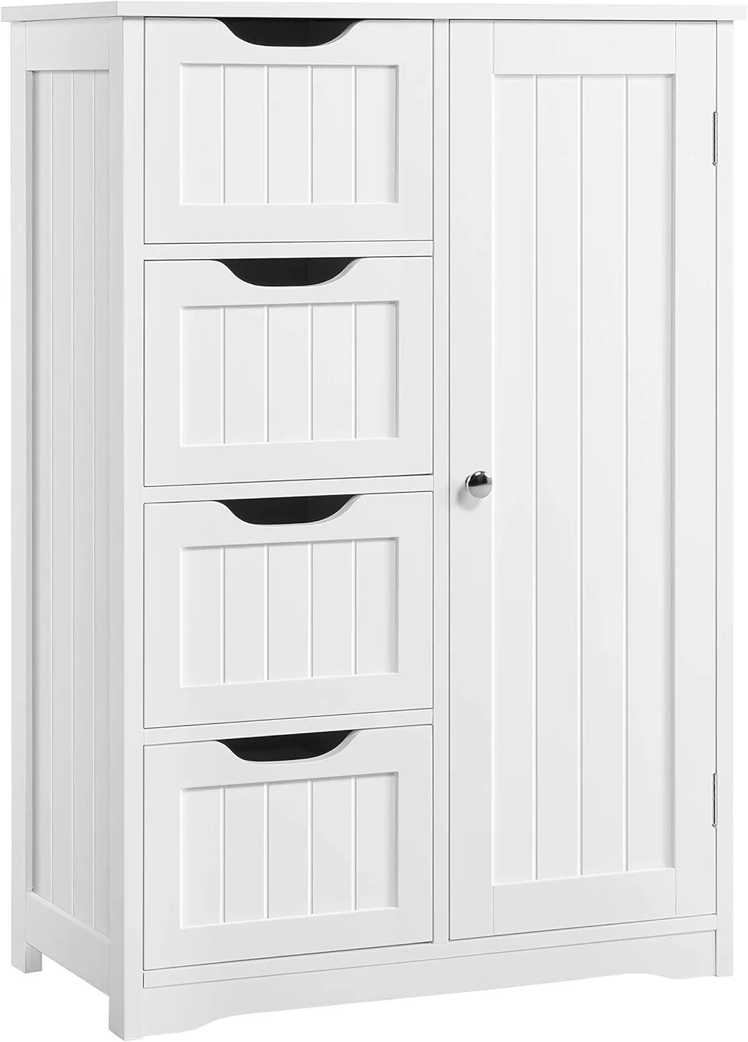 Yaheetech Wooden Floor Cabinet, Side Storage Organizer with 4 Drawers and 1 Cupboard, Freestanding Entryway Storage Unit Console Table, Bathroom Furniture Home Decor, White