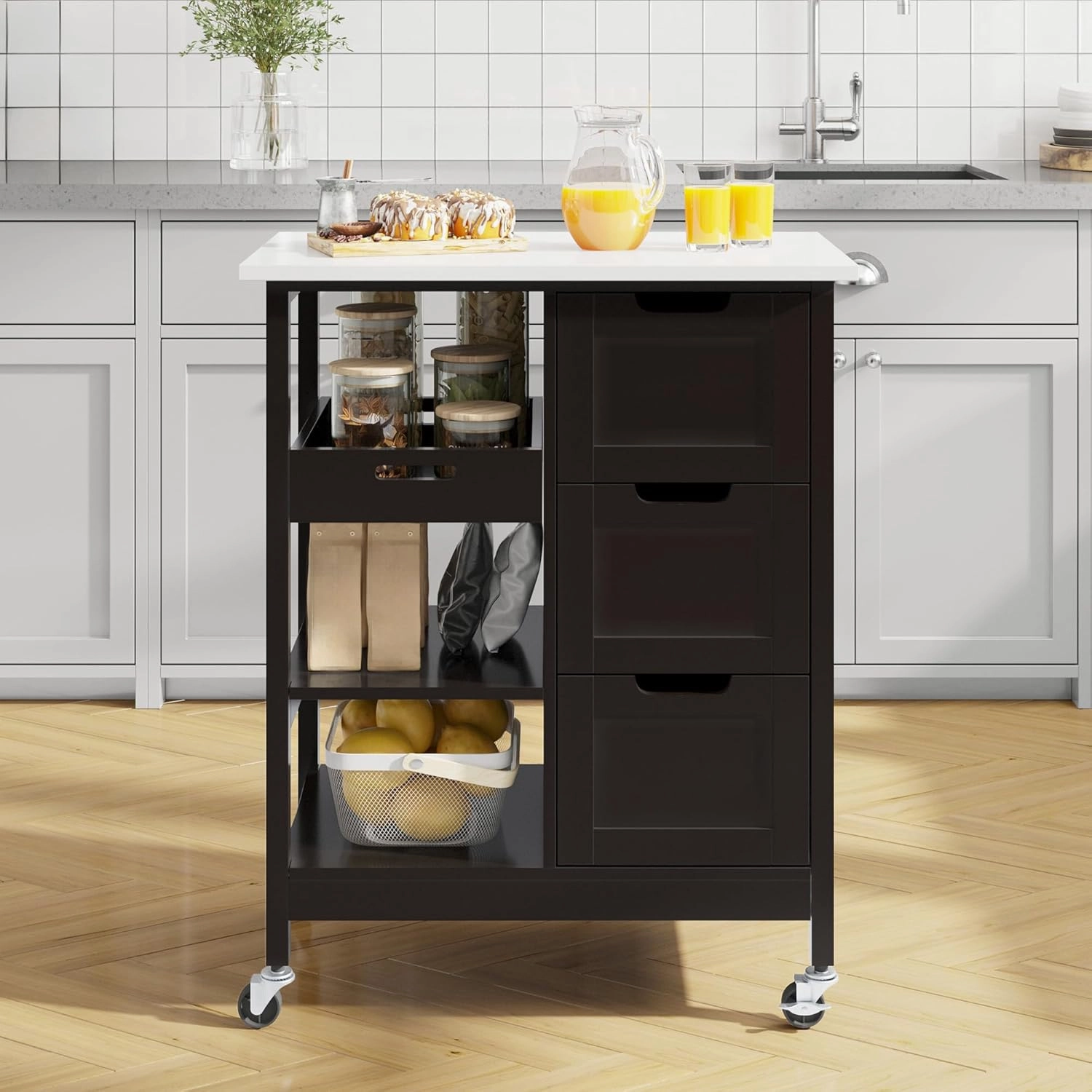 YITAHOME Small Solid Wood Top Kitchen Island Cart on Wheels with Storage, Rolling Portable Dining Room Serving Utility Carts Mobile Movable with 3 Drawers Cabinet, Dark Brown