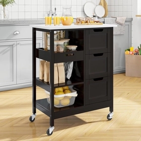 YITAHOME Small Solid Wood Top Kitchen Island Cart on Wheels with Storage, Rolling Portable Dining Room Serving Utility Carts Mobile Movable with 3 Drawers Cabinet, Dark Brown
