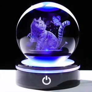 YWHL 3D Crystal Cat and Butterfly Figurines Ball with Colorful Light Base, Laser Engraved Cat Sphere for Women Men,Birthday Gifts for Cat Lover, Animal Collection for Home Decor(80mm)