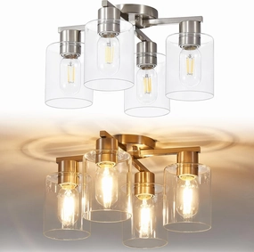YYT Kitchen Lighting Fixtures Ceiling, Semi Flush Mount Ceiling Light, Brushed Nickel Cieling Lights Fixture, 4 Light Kitchen Light fixtures with Glass Shade for Bedroom Dining Room