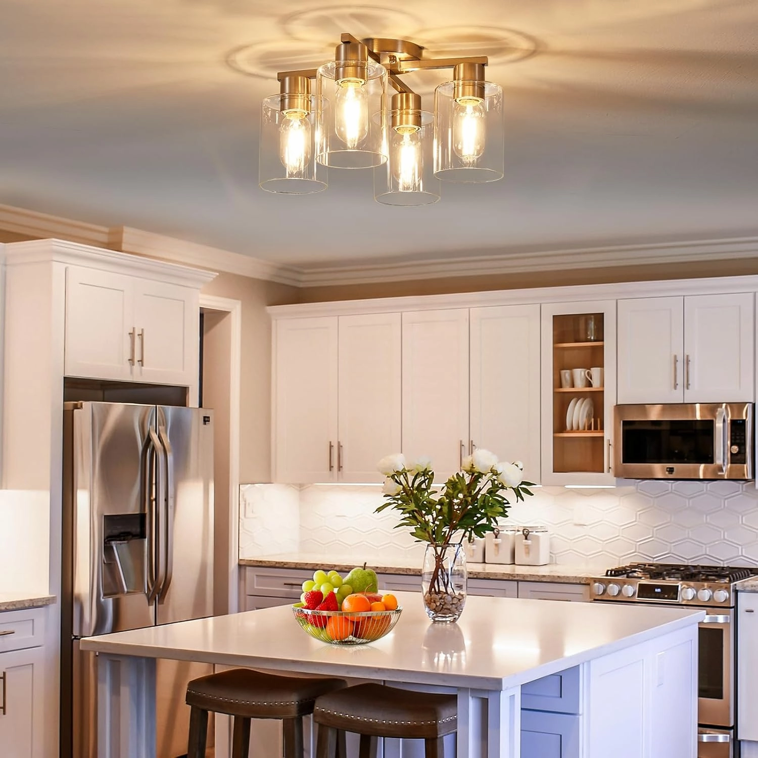 YYT Kitchen Lighting Fixtures Ceiling, Semi Flush Mount Ceiling Light, Brushed Nickel Cieling Lights Fixture, 4 Light Kitchen Light fixtures with Glass Shade for Bedroom Dining Room