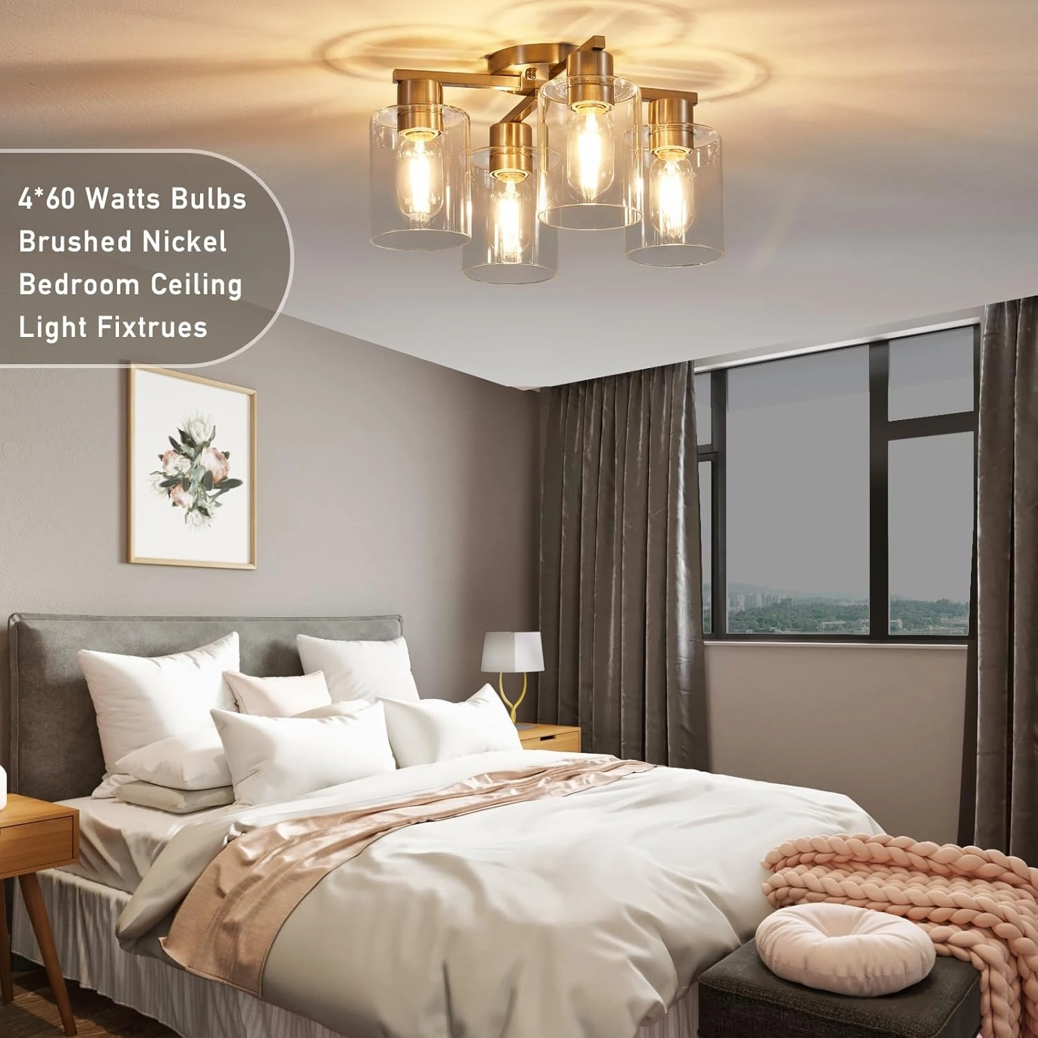 YYT Kitchen Lighting Fixtures Ceiling, Semi Flush Mount Ceiling Light, Brushed Nickel Cieling Lights Fixture, 4 Light Kitchen Light fixtures with Glass Shade for Bedroom Dining Room