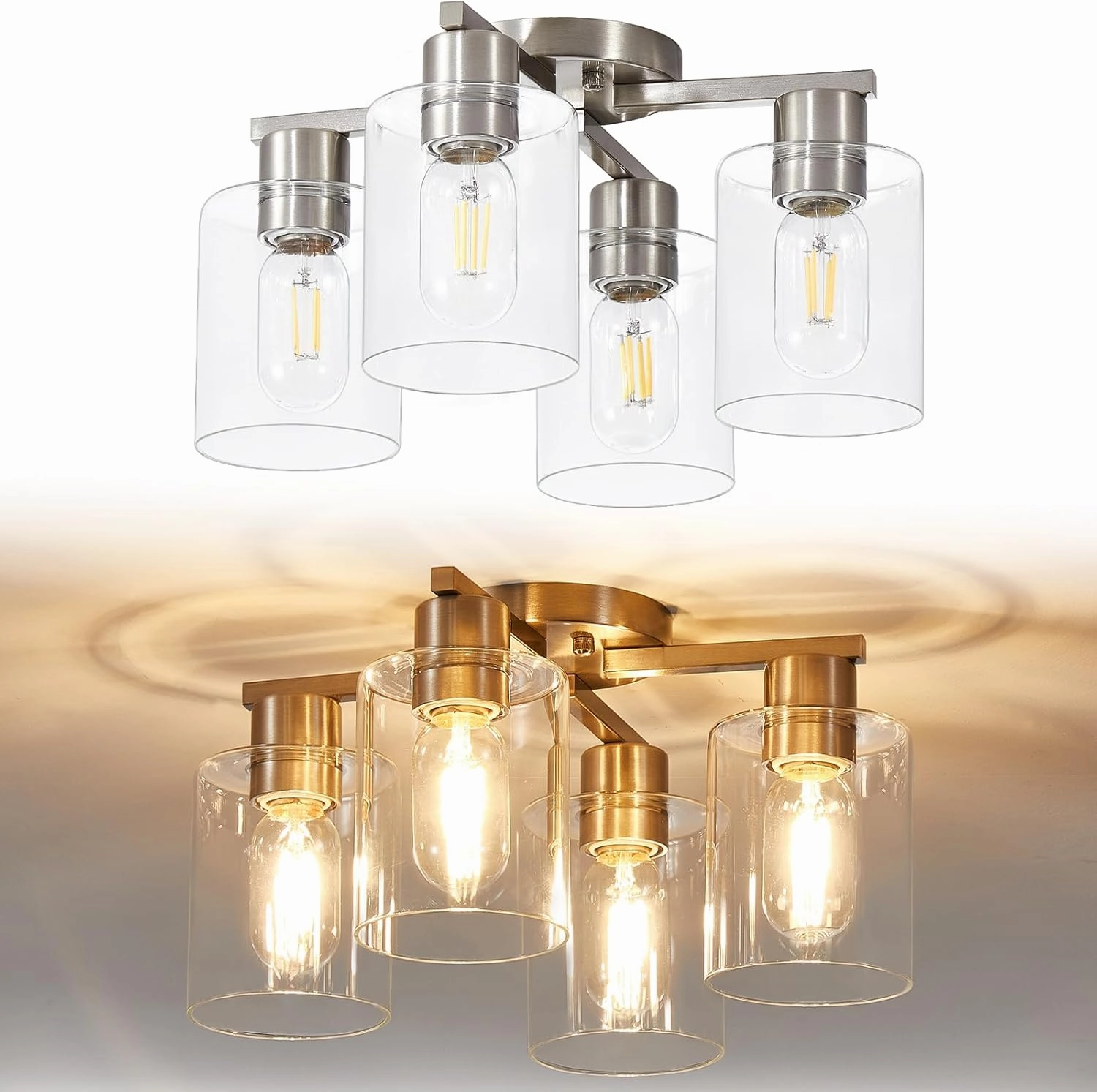 YYT Kitchen Lighting Fixtures Ceiling, Semi Flush Mount Ceiling Light, Brushed Nickel Cieling Lights Fixture, 4 Light Kitchen Light fixtures with Glass Shade for Bedroom Dining Room
